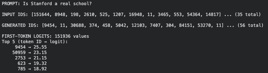 Saved reference output for the prompt "Is Stanford a real school?": the first input and generated token IDs, and the top 5 first-token logits.